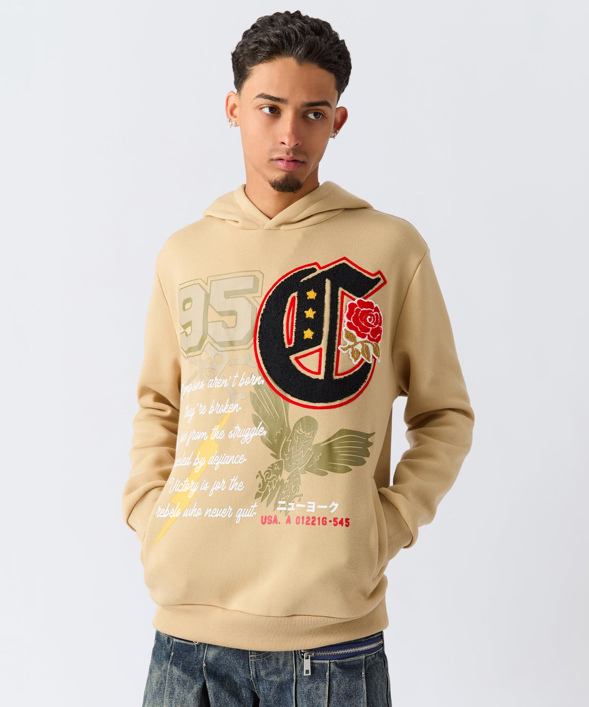 Champion Chenille Embroidered Long Sleeve Hoodie - Khaki