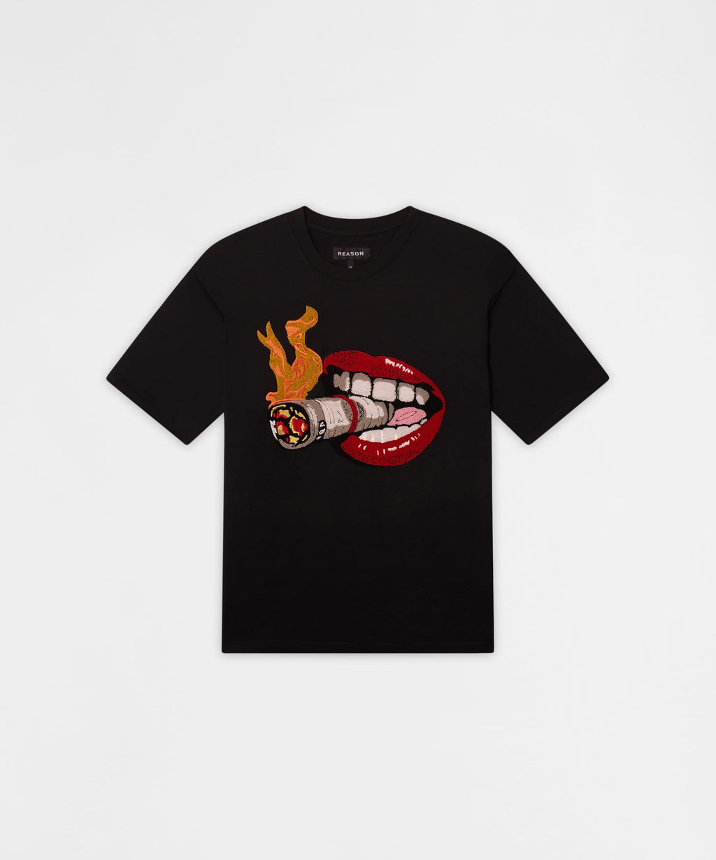 Burning Smoke Chenille Embroidered Short Sleeve Tee - Black